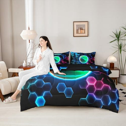 Erosebridal Tennis King Bedding Set - 3D Glitter Ball Pattern Bed in A Bag,Colorful Neon Honeycomb Comforter Sets with Sheets, Geometric Hexagon 7 Pieces Bed Set Bedroom Decor