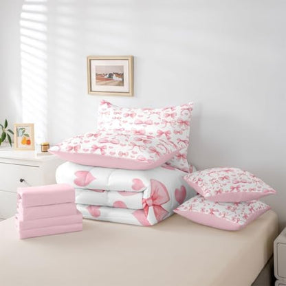 Erosebridal Princess Bow Bed in a Bag King Size Comforter Set 7 Pieces | Pink Bow Tie Bedding Sets Cute Ribbon Bowknot Comforter and Sheet Set, Girly Kawaii Love Hearts Bed Sets