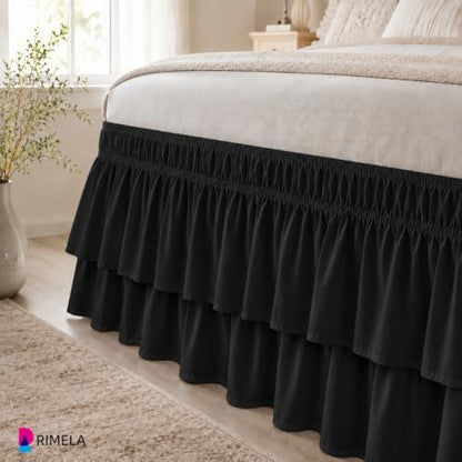 RIMELA Queen Size Ruffle Bed Skirt 16 Inch Drop - Black Double Layered Wrap Around Dust Ruffle, Romantic Cute Design Bedskirt with High-Density Fabric, Soft Stretchy, Easy Install for Queen Bed