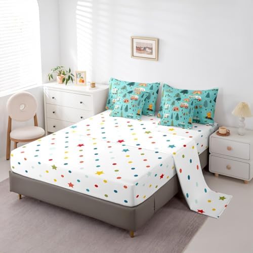 Erosebridal Happy Camping 7 Pieces Bedding Set Queen Size,Camper Camping Theme Bed in a Bag,Travel Car Rv Bed Set Includes Comforter,Sheet Set,Pillowcases & Pillow Covers,Botanical Trees Bedroom Decor