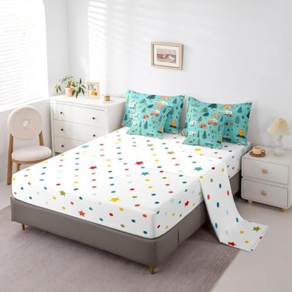 Erosebridal Happy Camping 7 Pieces Bedding Set Queen Size,Camper Camping Theme Bed in a Bag,Travel Car Rv Bed Set Includes Comforter,Sheet Set,Pillowcases & Pillow Covers,Botanical Trees Bedroom Decor