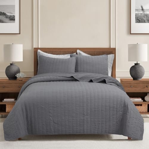 Cozy Line Home Fashions 100% Cotton 3-Piece Charcoal Gray Solid Classic Modern Quilted Bedspread with Shams, Lightweight All Season Modern Bedding (Channel Gray, Queen)