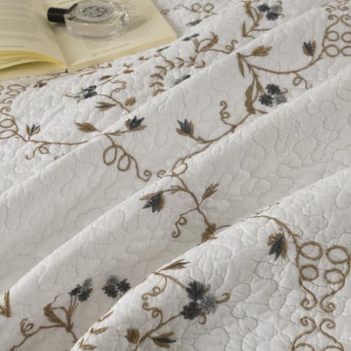 MarCielo 3pcs Cotton Quilt Set White Gray Floral