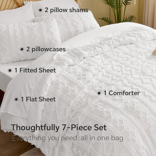 BEDELITE King Comforter Set 7 Pieces,Boho Bed in a Bag,White