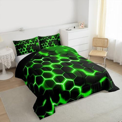 Erosebridal Geometric Comforter Set King Size,Teen Boys Green Black Neon Light Honeycomb Bedding Sets,Hexagon Comforter Modern Fashion Quilted Duvet 2 Pillow Cases Home Room Decor