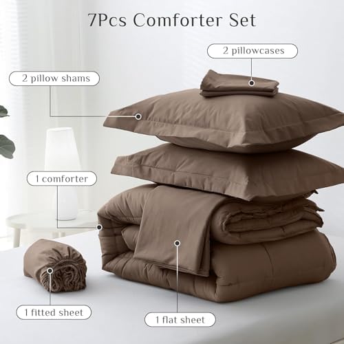 JOLLYVOGUE Oversized Queen Comforter Set, Ultra-Soft Bed in a Bag Oversized Queen Size 7 Pieces, Oeko-TEX Certified Bedding Set with Down Alternative Comforter, Sheets, Pillowcases & Shams, Brown