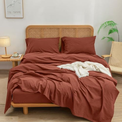 BESTOUCH Sheet Set 100% Washed Cotton Linen Feel Super Soft Comfortable Chic Lightweight 4 Pcs Home Bedding Set Solid Crimson Red Queen