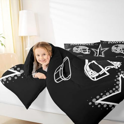 American Football Bedding Set Queen Size,Black Grey White Star Helmet Print Comforter Set for Kids Boys Teens Men Room Decor,Ball Sports Theme Quilt Set Modern Chic Duvet Insert,2 Pillowcases