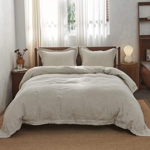 Simple&Opulence 100% Linen Duvet Cover Set with Embroidery Border Washed - 3 Pieces (1 Duvet Cover with 2 Pillow Shams) with Button Closure Soft Breathable Farmhouse - Linen, Queen Size