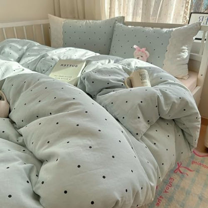 VM VOUGEMARKET Sage Green Bedding Set Twin 3 Pieces Black Dots Duvet Cover Set with Lace Edge-Soft Microfiber Princess Style Comforter Cover for Teen Girls-68x86 Inch
