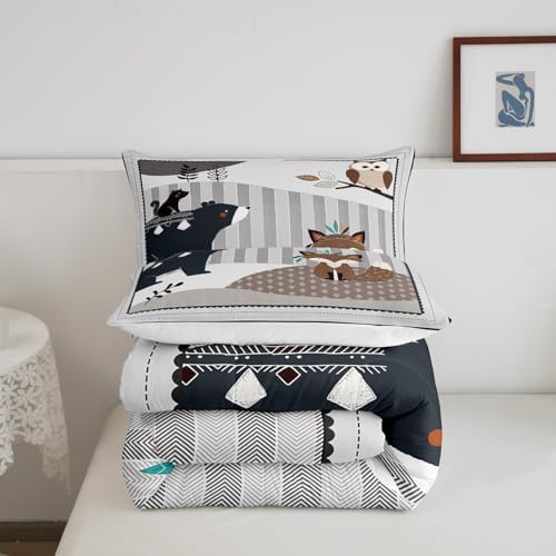 Castle Fairy Cartoon Animal Twin Size Comforter Set,Cute Bear Owl Fox and Plant Duvet Set for Kids Boys Bedroom,Exotic Indian Style Soft Microfiber Bedding Comforters,2 Pcs