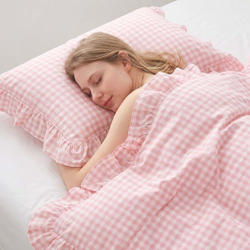 Nayoroom Pink Ruffle Gingham Comforter Set Queen Plaid Checkered Bedding
