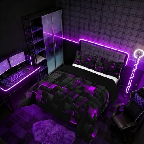 Erosebridal Black Purple Comforter Set Full Neon Geometric Checkered Bedding Set for Girls Teen Women,Tereoscopic Grids Comforter Square Plaid Quilt Duvet Room Decor 3 Pcs
