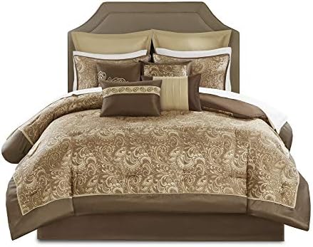 Madison Park Essentials Brystol 24 Piece Room in a Bag Faux Silk Comforter Jacquard Paisley Design Matching Curtains Down Alternative Hypoallergenic All Season Bedding-Set, Cal King(104"x92"), Brown