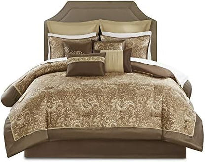 Madison Park Essentials Brystol 24 Piece Room in a Bag Faux Silk Comforter Jacquard Paisley Design Matching Curtains Down Alternative Hypoallergenic All Season Bedding-Set, Cal King(104"x92"), Brown