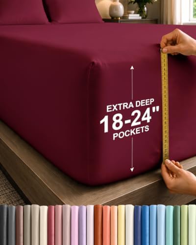 CGK Linens Extra Deep Queen Fitted Sheet - Fitted Sheet Only - Burgundy