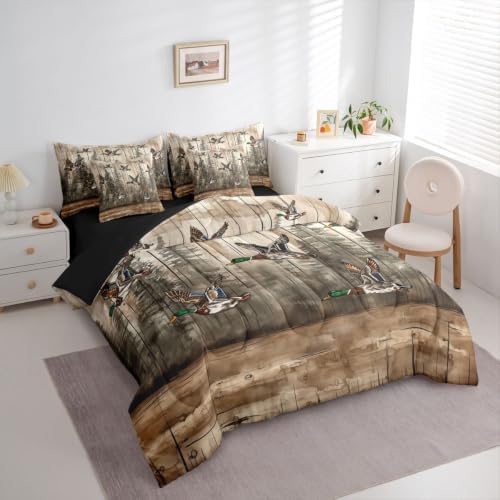 Erosebridal Mallard Duck Bed in A Bag 7 Pcs Rustic Farmhouse Cabin Comforter Set for Women Men Woodland Hunting Duck Bedding Sets King Vintage Natural Forest Sheet Set with Comforter