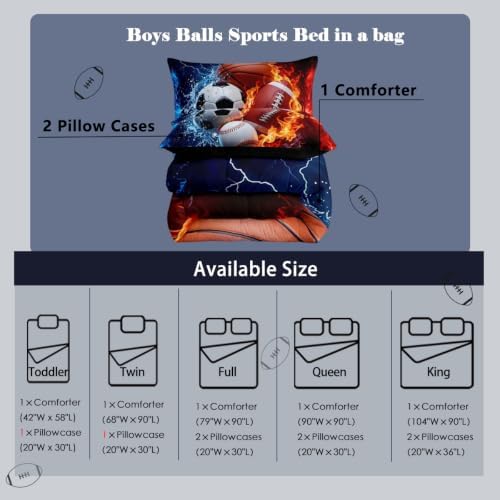 Feelyou Boys Sports Comforter Set Queen Size Football Baseball Soccer Bedding Set Basketball Duvet Quilt for Kids Boys Bedroom Ball Game Sports Decor Microfiber Ultra Soft Breathable