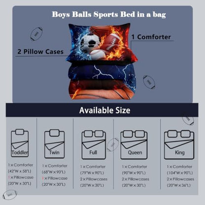 Feelyou Boys Sports Comforter Set King Size Football Baseball Soccer Bedding Set Basketball Duvet Quilt for Kids Boys Bedroom Ball Game Sports Decor Microfiber Ultra Soft Breathable