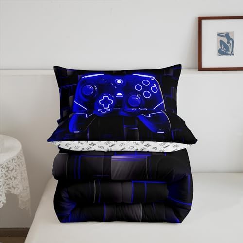 Manfei Modern Gamer Kids Comforter Set King Size, Royal Blue Gaming Bedding Set for Boys Teens Adults Bedroom Decor, Black Videogame Down Comforter, Reversible Gamepad Quilt Set, 2 Pillowcases