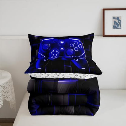 Manfei Modern Gamer Kids Comforter Set King Size, Royal Blue Gaming Bedding Set for Boys Teens Adults Bedroom Decor, Black Videogame Down Comforter, Reversible Gamepad Quilt Set, 2 Pillowcases
