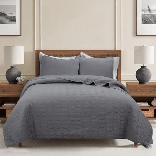 Cozy Line Home Fashions 100% Cotton Quilt Set – 3-Piece Charcoal Gray Solid Classic Modern Geometric Quilted Bedspread with Shams, Lightweight All Season Modern Bedding (Hexagon Gray, King)