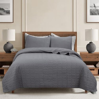 Cozy Line Home Fashions 100% Cotton Quilt Set – 3-Piece Charcoal Gray Solid Classic Modern Geometric Quilted Bedspread with Shams, Lightweight All Season Modern Bedding (Hexagon Gray, King)