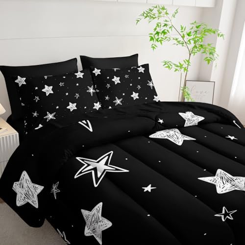 7Pcs Starry Comforter Set Black White Stars Printed Bedding Set with 1 Comforter, 1 Flat Sheet, 1 Fitted Sheet and 4 Pillowcases for Boys and Girls Bedroom All Season(Stars-3 Queen