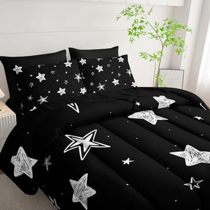 7Pcs Starry Comforter Set Black White Stars Printed Bedding Set with 1 Comforter, 1 Flat Sheet, 1 Fitted Sheet and 4 Pillowcases for Boys and Girls Bedroom All Season(Stars-3 Queen