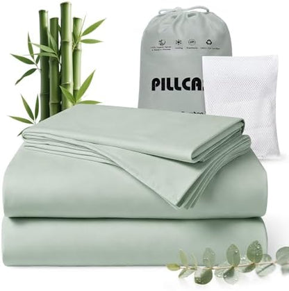 Viscose Derived from Bamboo & Tencel Hotel Sheet Set - 4pcs Super Soft Breathable Cooling Silky Smooth Sheets for Hot Sleepers,Hypoallergenic Durable Deep Pocket Up to 18” (Sea Glass, Queen)