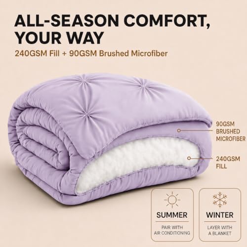 HIMEET King Size Comforter Set Lavender - 7 Pieces Pintuck Bed in a Bag