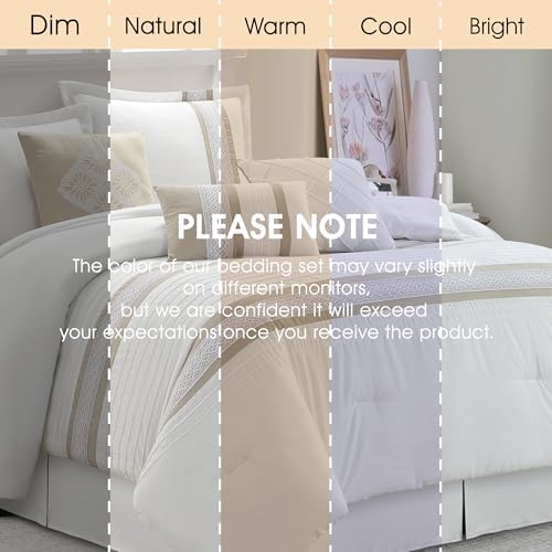 LANCO MODERN LIFESTYLE 7 Piece Comforter Set, Taupe White, Queen Size, Boho Style Geometric Microfiber Embroidery, Bed in a Bag with Bedskirt, Pillow Shams and Decor Pillows
