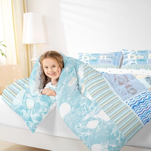 Ocean Shell Conch Comforter Set King Size,Geometric Stripes Plaid Quilt Set Vintage Sketch Coral Fish Bedding Set 3Pcs for Kids Girls Boys Adult Room Decor,Sea Blue Duvet Insert,2 Pillowcases