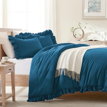 Andency Teal King Size Comforter Set, 3 Pieces Solid Farmhouse Bedding