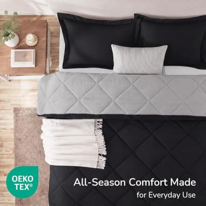 downluxe Full Comforter Set Soft Reversible 3 Pieces, Black/Grey