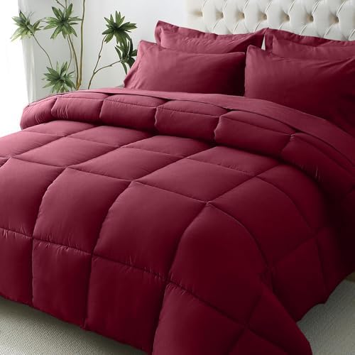 JOLLYVOGUE Queen Comforter Set, Ultra-Soft Bed in a Bag Queen Size 7 Pieces, Oeko-TEX Certified Bedding Set with Down Alternative Comforter, Sheets, Pillowcases & Shams, Burgundy