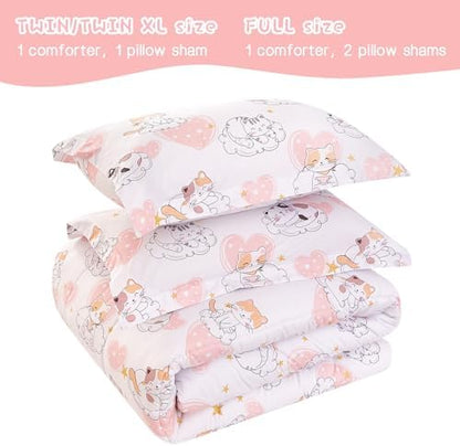 Yibeizi Cat Kids Full Bed Comforter Set for Girls Kitty Bedding