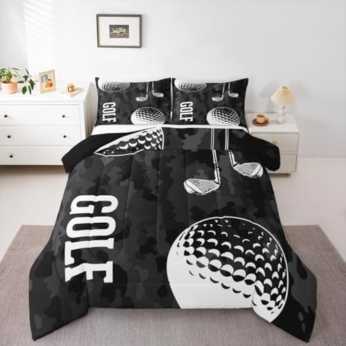 Erosebridal Golf Print Comforter Set - Black Camo Bedding, Queen Size, 3 Piece Soft Lightweight Down Comforter with Duvet & Quilt, Sports Themed, Camouflage Pattern