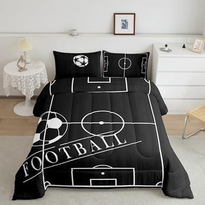 Boys Bedding Twin Football Comforter Set, Kids Ball Gaming Bedding Comforter Sets Teens Soccer Duvet Insert, Black Football Field Down Comforter, Black Reversible 3pcs 1 Comforter + 2 Pillow Case