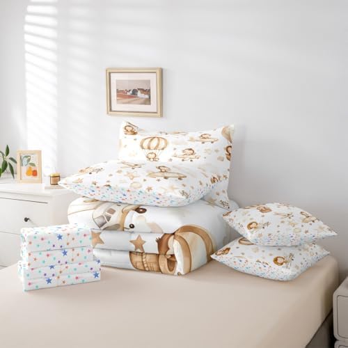 Erosebridal Kids Airplane 7 Pcs Bedding Set Queen, Cartoon Aircraft Comforter Set with Sheets, Hot Air Balloon Star Cloud Bed in A Bag, Cute Monkey Lion Wildlife Bed Sets for Boys Girls Adults