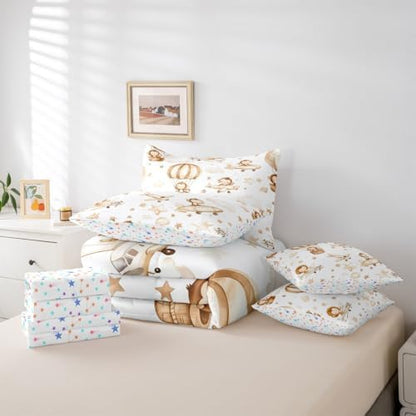 Erosebridal Kids Airplane 7 Pcs Bedding Set Twin, Cartoon Aircraft Comforter Set with Sheets, Hot Air Balloon Star Cloud Bed in A Bag, Cute Monkey Lion Wildlife Bed Sets for Boys Girls Adults Bedroom