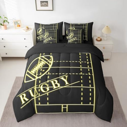 Sport Bedding King Size 7-Piece Soccer Comforter Set for Boys, Black Yellow Bedding Comforter Sets Gold Gradient Neon Bed in a Bag, Football Themed Bedding Accessories Breathable (Black Reversible)