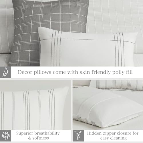Harbor House Queen Comforter Set, Stripes Clipped Jacquard, Soft Cotton Oversized Comforter for a Queen-Size Bed, Farmhouse Bedding, 2 Shams, Bedskirt, 2 Décor Pillows, Morgan, Queen White/Grey