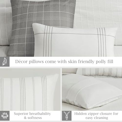 Harbor House Queen Comforter Set, Stripes Clipped Jacquard, Soft Cotton Oversized Comforter for a Queen-Size Bed, Farmhouse Bedding, 2 Shams, Bedskirt, 2 Décor Pillows, Morgan, Queen White/Grey