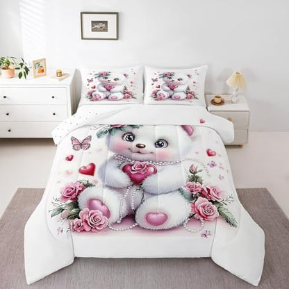 Feelyou Kids Cute Bear Comforter Set King Size Rose Butterfly Love Heart Bedding Set Boys Girls Flowers Floral Quilt Set Cartoon Kawaii Animal Pattern Bed Set