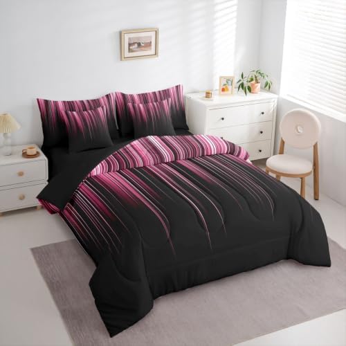 Feelyou Neon Pink Comforter Set with Sheets 7 Piece Twin Size Geometric Bedding Set for Kids Boys Girls Ombre Bed in a Bag Room Decor Soft Lightweight Microfiber