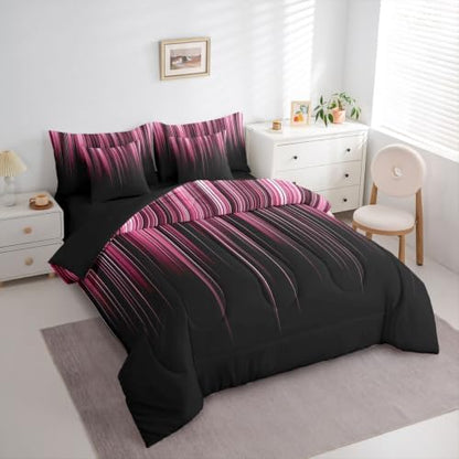 Feelyou Neon Pink Comforter Set with Sheets 7 Piece Twin Size Geometric Bedding Set for Kids Boys Girls Ombre Bed in a Bag Room Decor Soft Lightweight Microfiber