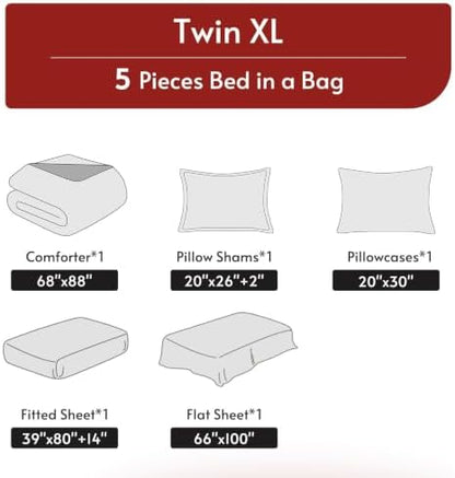 MUXHOMO 5 Pieces Twin XL Comforter Set, Reversible Bed in a Bag Twin XL Size, All Season Bedding Set with Comforter, Flat Sheet, Fitted Sheet, Pillowcases & Shams, Burgundy & Grey