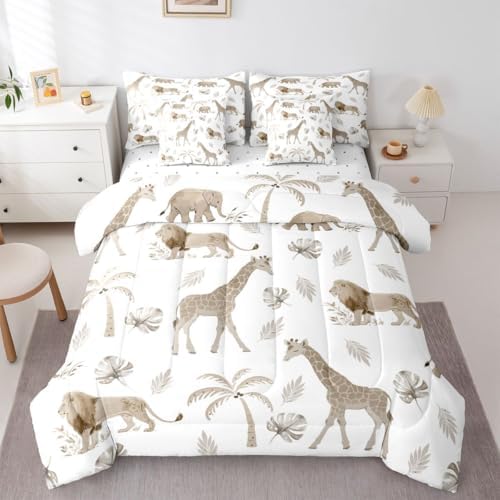 Erosebridal Jungle Animals 7 Piece Bedding Set Twin Elephant Lion Giraffe Animal Comforter Set with Sheets African Bed in A Bag Hunter Brown Wildlife Bed Sets with 2 Pillowcases, 2 Throw Pillow Covers