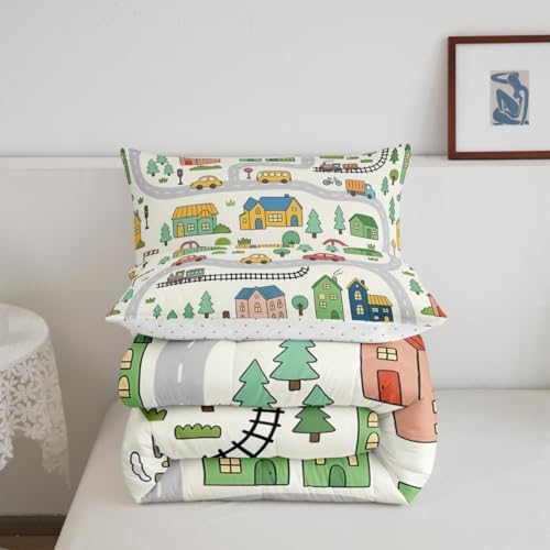 Erosebridal Cartoon City Car Bedding Set Full Cute Bicycle Train Comforter Set for Kids Boys Girls Multicolor Cityscape Down Comforter Transportation Road & Railway Quilt Duvet
